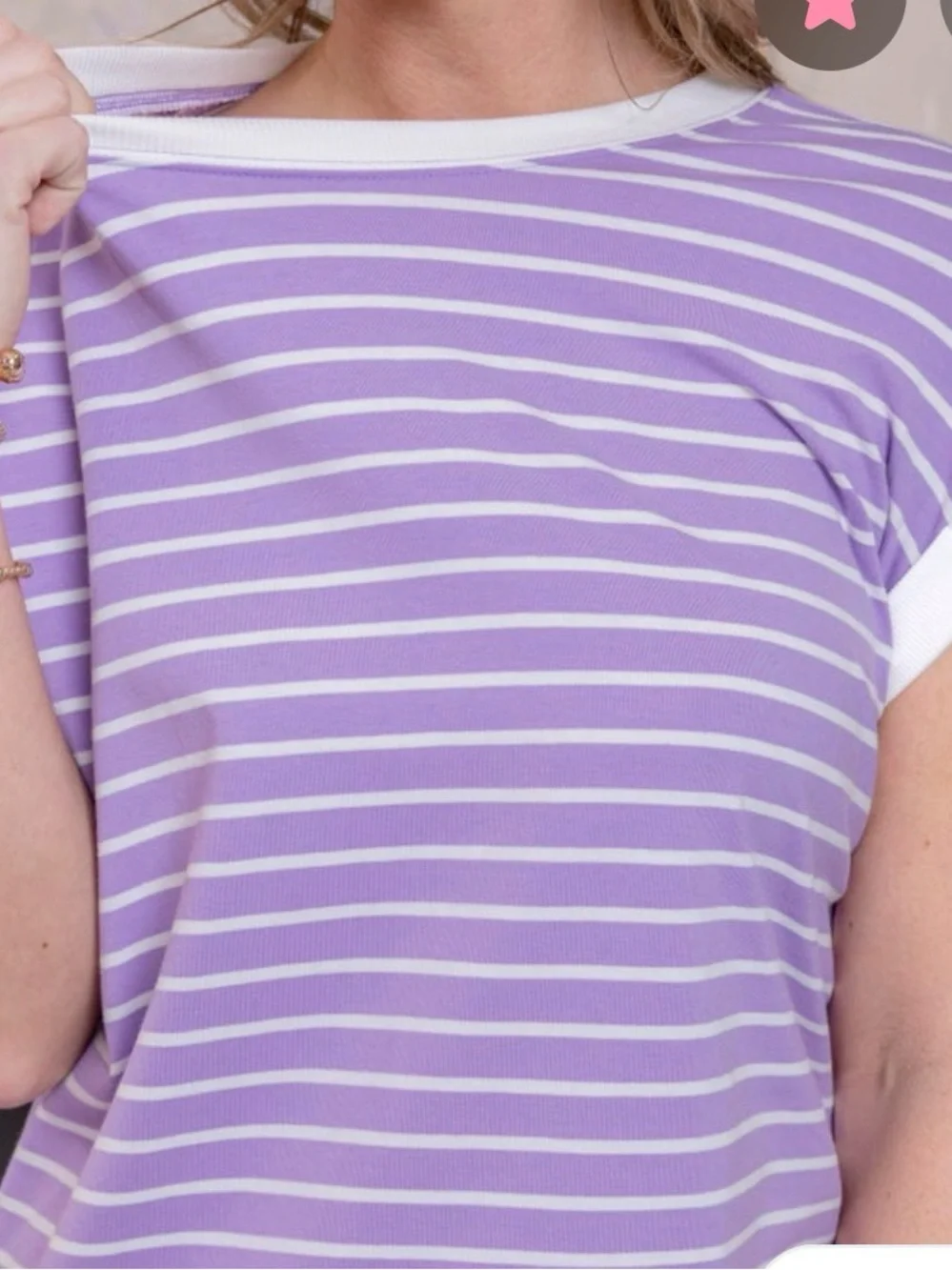 Contrast Trim Cap Sleeve Striped Lavender Tee - Women. Small